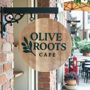 Peut inclure: Un panneau rond en bois pour "Olive Roots Café" est suspendu à un support en métal noir sur un mur de briques. Le panneau présente un texte vert foncé et une branche d'olivier. Le café est situé à l'extérieur.