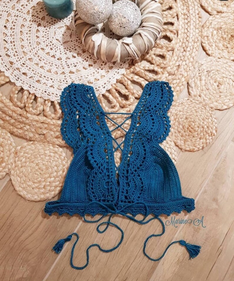 Bikini top crochet swimsuit lace blue coton