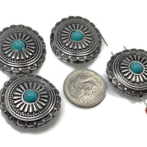 2 Hole Slider Beads (4 pc) Western Style Faux Turquoise and Silver Antique Silver Coin Beads for Jewelry Making  241-H8