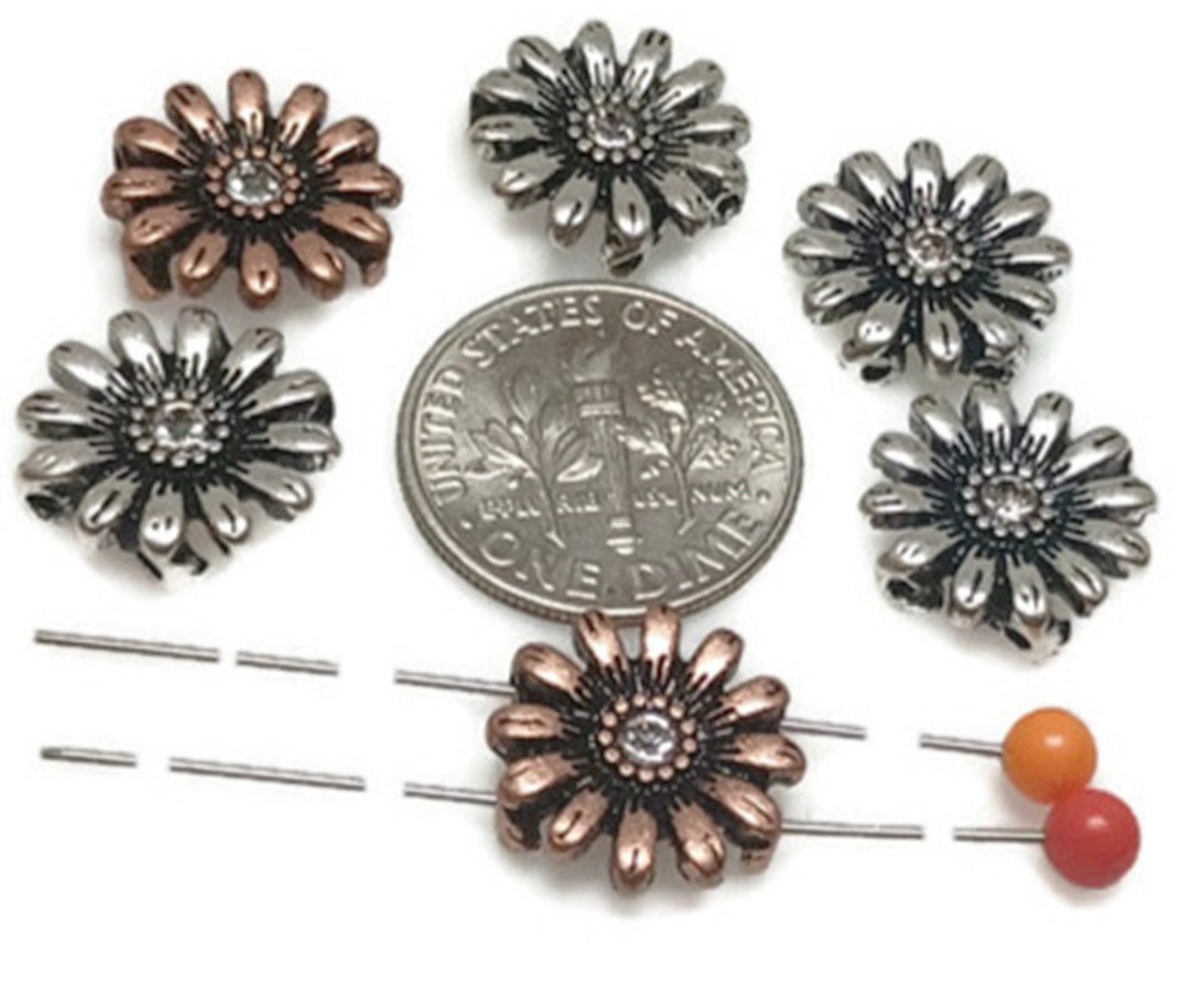 Slider Beads 6 Pcs 2 Hole Beads Floral Flower Beads Mixed Metal Spacer