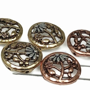 Slider Beads (5 pcs) 2 hole Floral Flower Mixed Metal Round Spacer with a Filigree Design. 199-M15