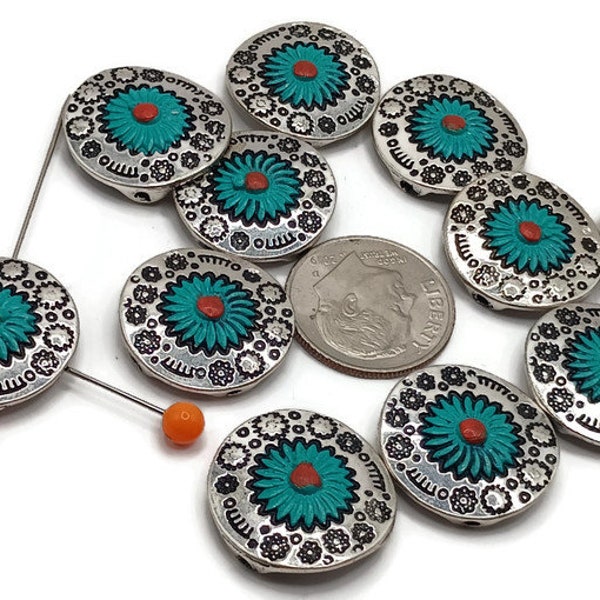 2 hole Slider Beads (Qt 11) Western STyle with Turquiose Enamel for Jewelry Designs into Bracelets or Necklaces with Aztec Look 573-M11 FST