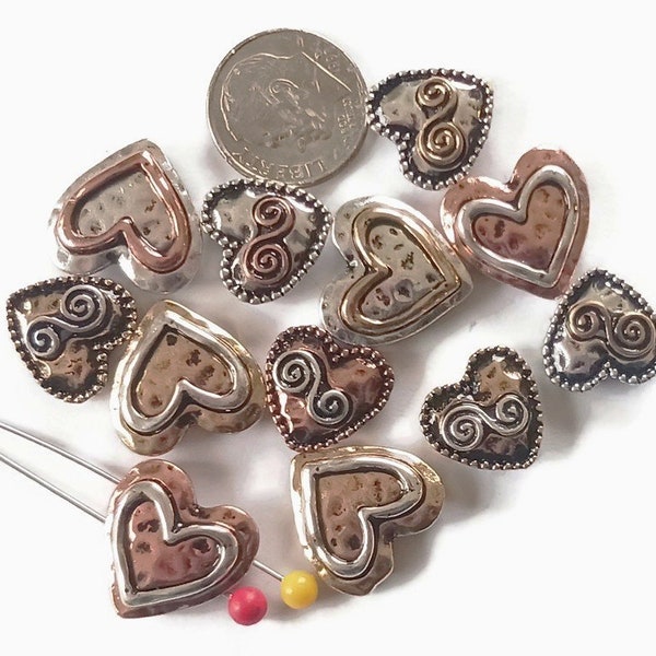 Slider Beads (12) 2 Hold Filgree Hearts with Swirls Accents and Various Texture. Great as Jewelry Making Supplies 532-M11 FST