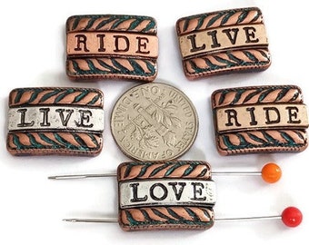 2 Hole Slider Beads (5 pc) Spacer Beads Words "Ride, Love and Life"  Western Beads Sliderbeads Bracelet Beads Flat Beads 407-M1 FST