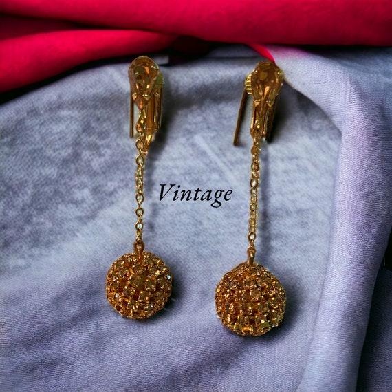 Vintage Clip-on Round, Gold  Rhinestone Drop Earr… - image 4