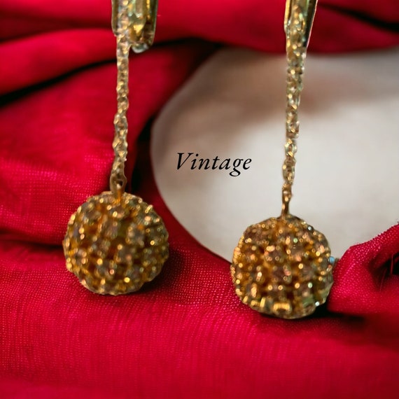 Vintage Clip-on Round, Gold  Rhinestone Drop Earr… - image 8