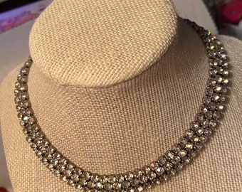 Reduced Price!!!   Sterling and Clear Rhinestone Vintage Triple Strand Sterling Choker, Mid-Century, Hollywood Regency Style