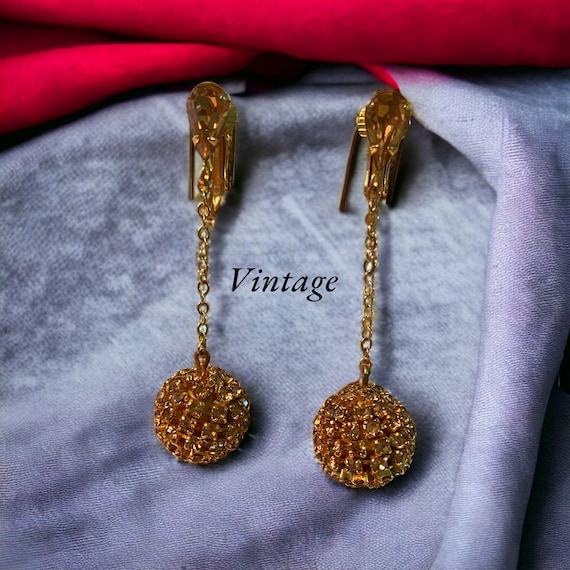 Vintage Clip-on Round, Gold  Rhinestone Drop Earr… - image 1