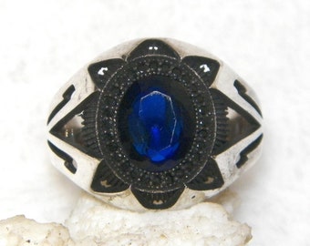 Sterling Silver Men's Ring, Lab Sapphire, Size 11.5
