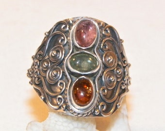 Size 8.5 Sterling Silver Balinese Ring, Tourmaline and Amber Cabochons