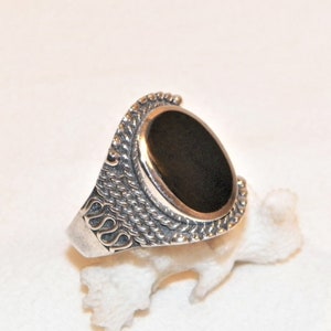 Size 11.75 Sterling Silver Black Onyx Ring, Solid 925 Natural Black Onyx Ring, Older Vintage Quality Ring In Great Condition, Good Looking