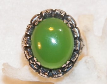 Size 5.75 Antique Sterling Silver Green Agate Ring, 925 Unique Hand Made Rare Ring With Large Green Natural Stone,17mm By 14mm Stone
