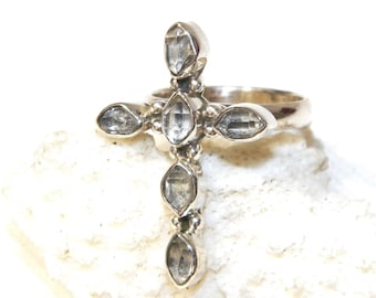 Sterling Silver Herkimer Diamond Cross Ring, Size 6.5