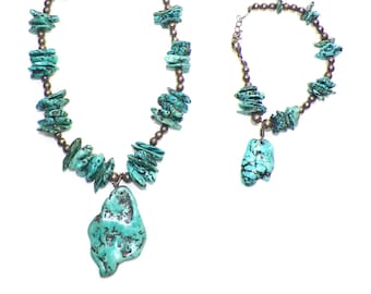Sterling Silver Turquoise Nugget Necklace Bracelet Set