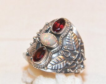 Size 9.75 Ethiopian Opal And Garnet Ring, Solid 925 Real Ethiopian Opal And Garnet Ring, Beautiful Multi Stone Ring With Leafs, Quality Ring