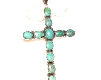 Large 4 Inch Sterling Silver Turquoise Cross Pendant, 925 Real Turquoise