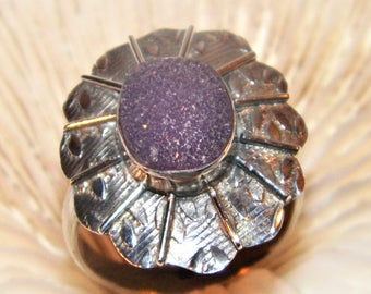 Size 8 Sterling Silver Purple Druzy Ring, Solid 925 Purple Druzy Ring, Quality Unique Hand Made  Ring W Purple Druzy Gemstone, Nice!