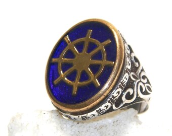 Vintage Sterling Silver Ship Wheel Ring, Purple Enamel, Size 11