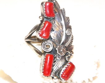 Size 6.75 Sterling Silver native American Red Coral Ring, Solid 925