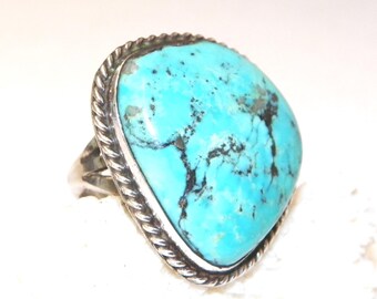 18.6 Gram Size 11.25 Older Sterling Silver Turquoise Ring, 925 Southwestern