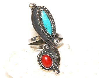 Size 6 Sterling Silver Native American Turquoise and Red Coral Ring, Solid 925
