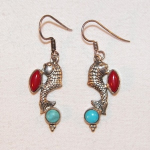 1.15 Inch Sterling Silver Koi Goldfish Earrings W Turquoise And Red Coral, 925 Natural Turquoise And Red Coral Fish Earrings, Quality Pair
