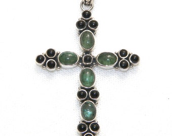 Sterling Silver Aqua Kyanite and Black Onyx Cross Pendant