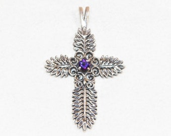 1.75 Inch Beautiful Sterling Silver Amethyst Cross Pendant, Solid 925 Real Amethyst Cross Pendant, Good looking Older Cross Pendant