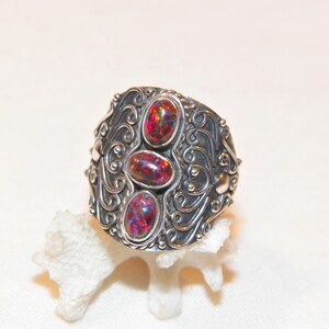 Size 8.5 Sterling Silver 5.4 Gram Opal Ring, Solid 925 Balinese Style Fire Opal Ring, High Quality Well Made Ring, Hand Made Beautiful Ring