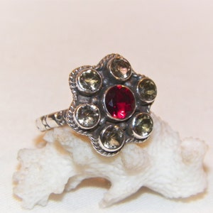 Size 7.75 Sterling Silver Garnet Ring With Citrine Gemstones, Solid 925 Citrine And Garnet Ring, Good Looking Quality Well Made Ring