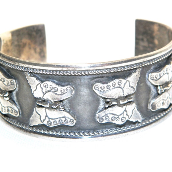 7.25 Inch 38 Gram Sterling Silver Butterfly Cuff Bracelet, Solid 925 Awesome Unique Older Hand Made Bracelet, Native American or Mexican