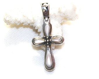 Sterling Silver Mother of Pearl Cross Pendant, Solid 925 Real Mother of Pearl Pendant, 1.75 Inch Cross Pendant with Necklace Loop