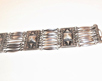 Vintage Sterling Silver Panel Bracelet, Wide Antique Design
