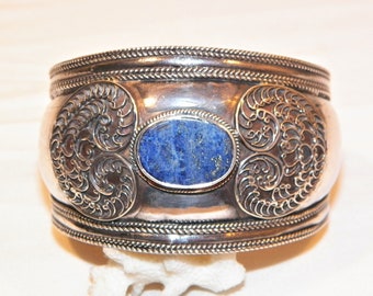 Vintage Sterling Silver Lapis Lazuli Cuff Bracelet, Wide Band