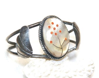 Native American Zuni Sterling Silver Mother of Pearl Coral Cuff Bracelet
