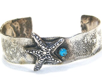 Sterling Silver Turquoise Starfish Bracelet, Handmade 925 Cuff