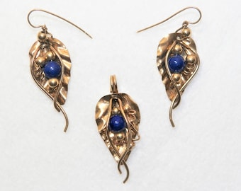 14K Gold Filled LADDA BIHLER Lapis Lazuli Pendant With Matching Earrings, Designer Signed Ladda Bihler Set, Earrings and Pendant, Nice!