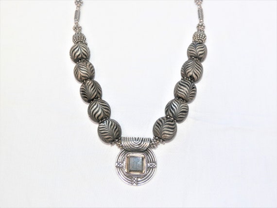 Sterling Silver Smokey Topaz Tribal Necklace, Feather Bead, Antique Style