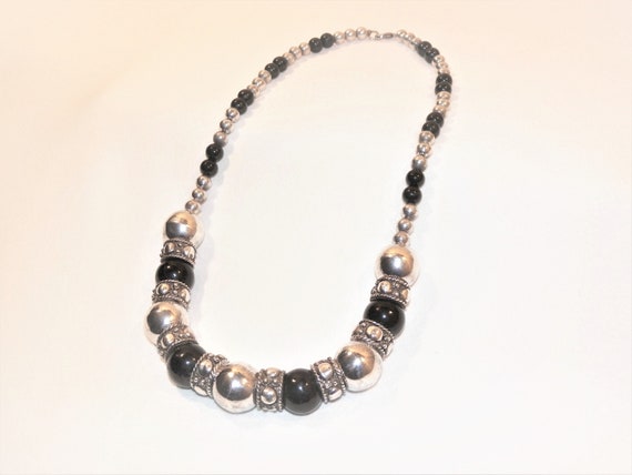 21 Inch 92.5 Gram Sterling Silver Black Onyx Bead… - image 2