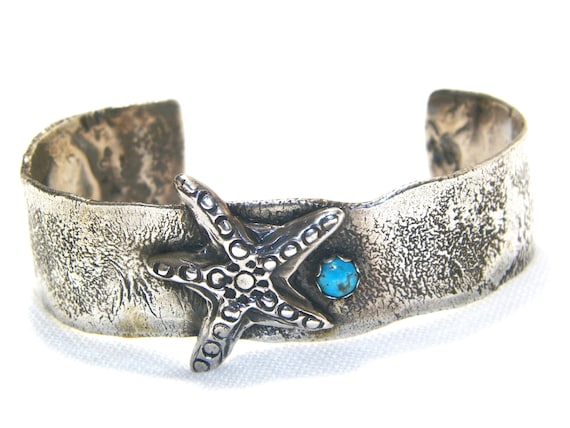 Sterling Silver Turquoise Starfish Bracelet, Handmade 925 Cuff