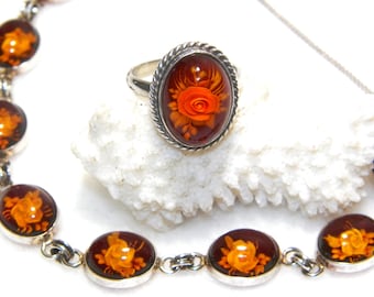 Sterling Silver Amber Flower Ring and Bracelet Set, Size 7.5 Ring
