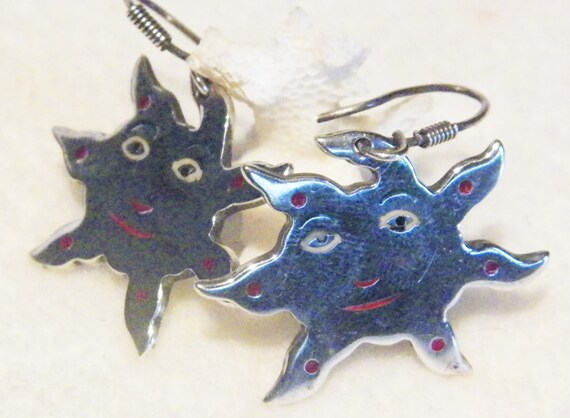 Awesome Sterling Silver Hand Made Sun Earrings - image 2