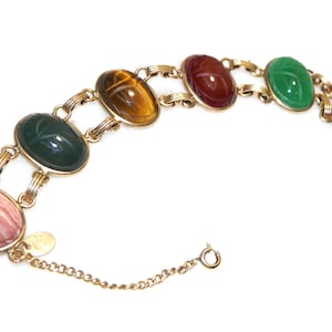 Large 12K Gold Filled Scarab Bracelet, Hand Carved Gemstone Cassell Bracelet