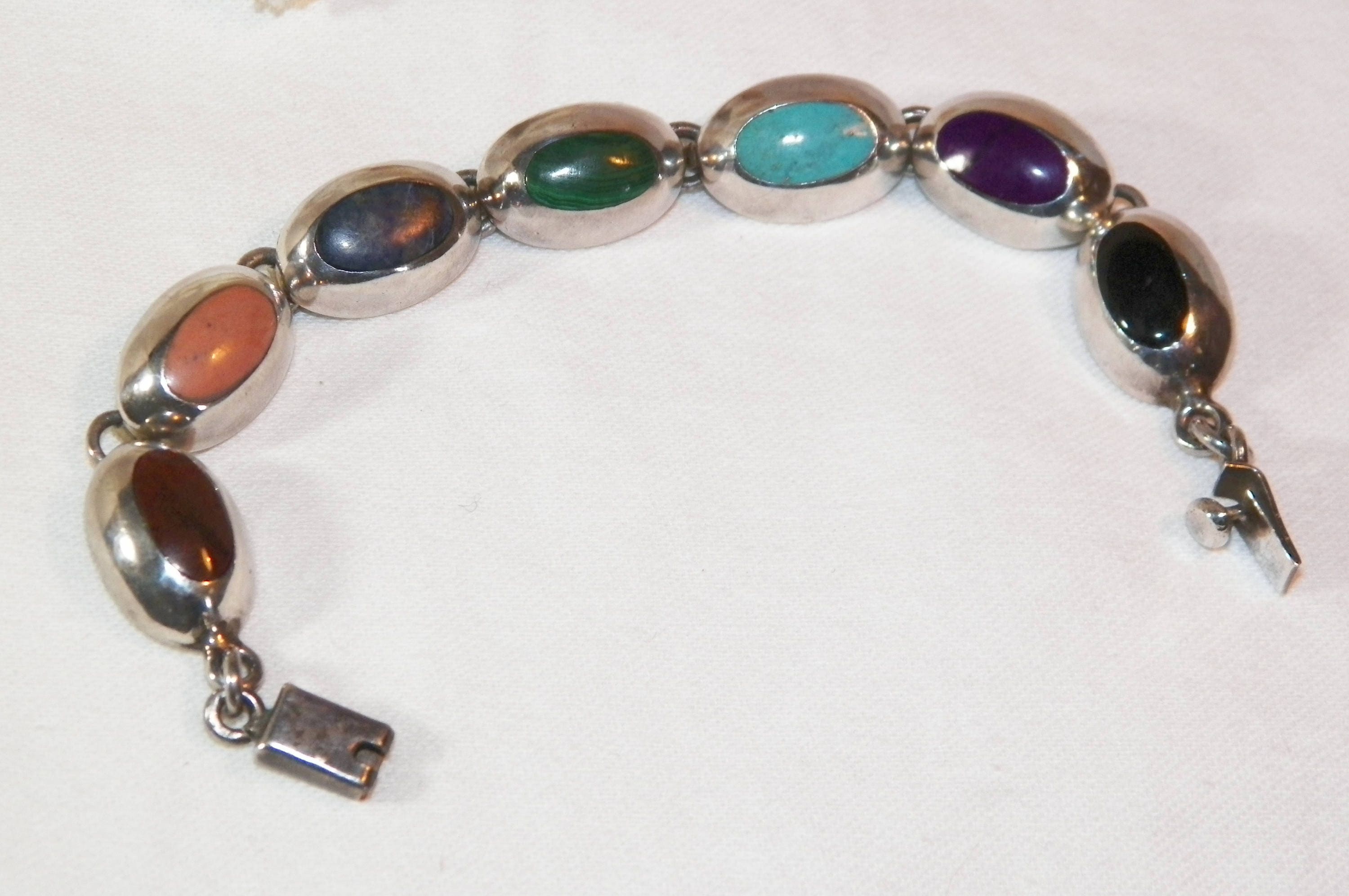 Sterling Silver Multi Stone Bracelet, Genuine Earthly Made Stone 925  Bracelet, 7.5 Inch Turquoise, Lapis, Malichite, Amethyst, Onyx..sighned -  Etsy