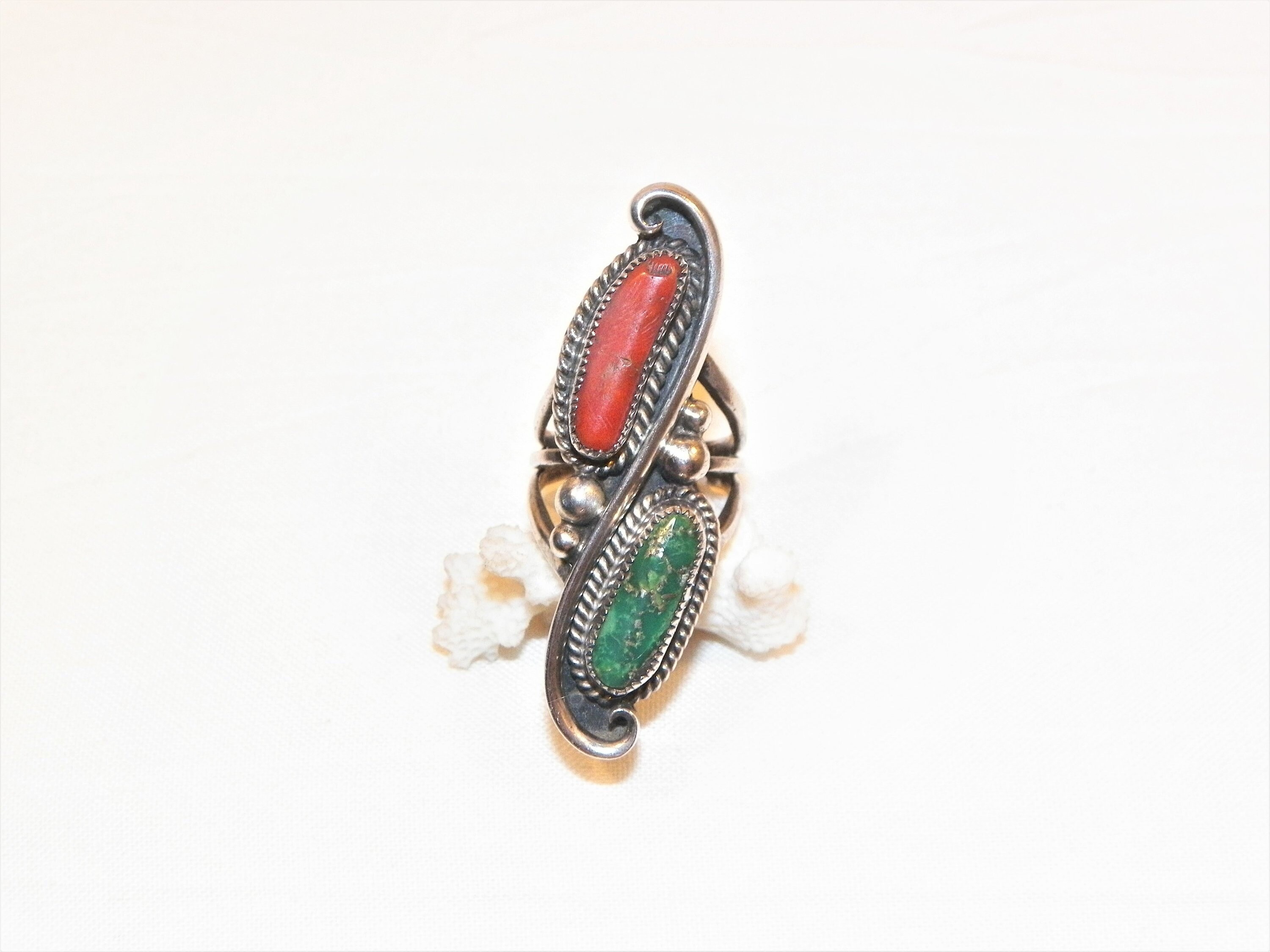Size 7 Old Native American 14.5 Gram Sterling Silver Turquoise And Coral Ring Greenish Turquoise Red Coral Ring