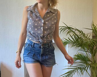 Button Down Sleeveless Daisy 1990s Vintage Blouse Shirt, UK 10