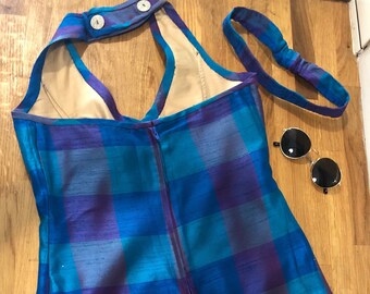 Blue Psychedelic Handmade Vintage 1960s Mini Dress, UK 8