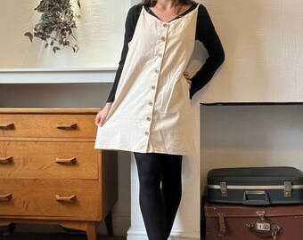 Classic Womens Vintage 1990s Cotton Linen Cream Summer Mini Button Down Dress, UK 10-12
