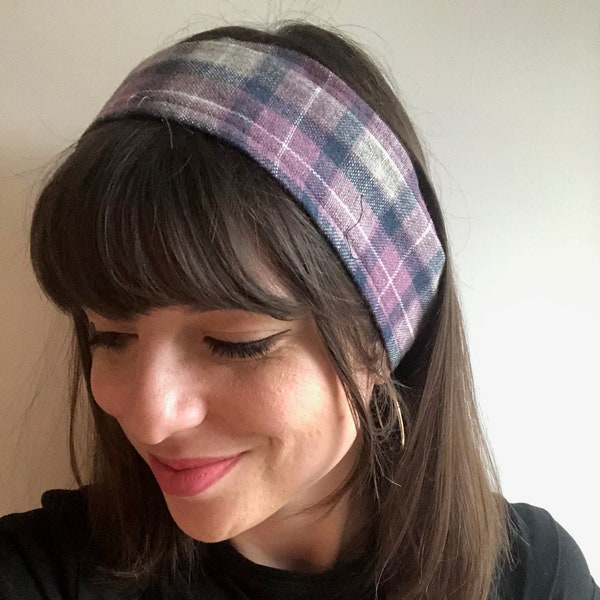 Women's Up-Cycled Handmade 1970s Vintage Purple Grey Plaid Headscarf