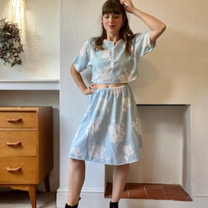 Up- Cycled Cotton Baby Blue and White Summer Co ord Top and Skirt, UK 10-12
